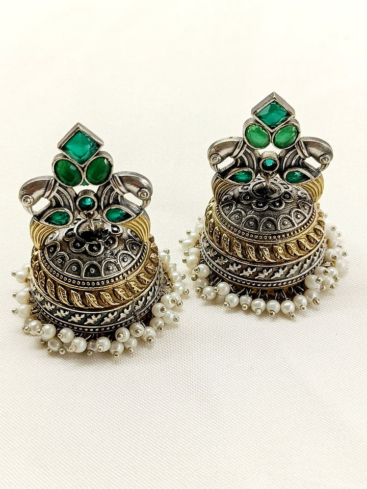 Taman Green Peacock Oxidized Jhumki