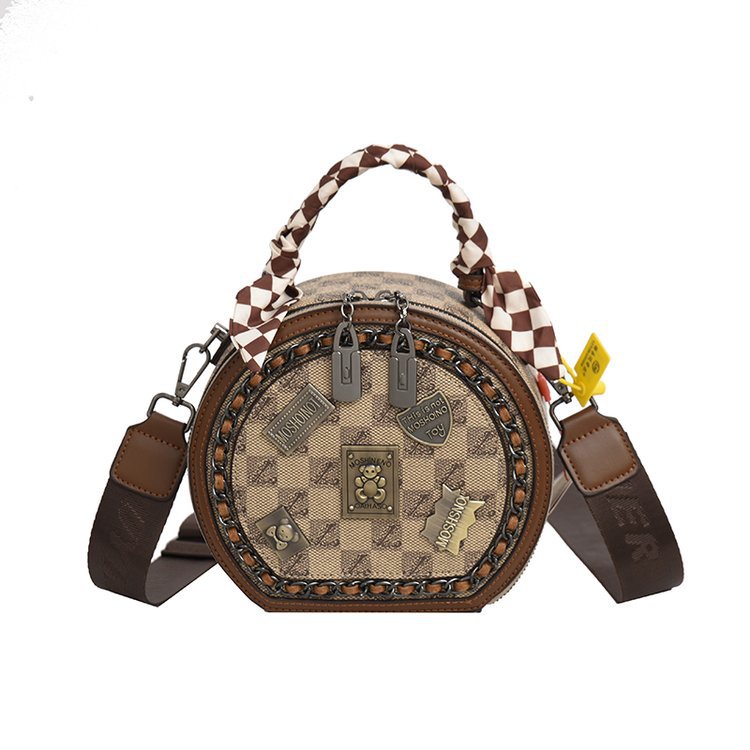 Women's Retro Textured Round Bag – Vintage Crossbody with Detachable Charm & Scarf, Versatile Top Handle & Adjustable Strap