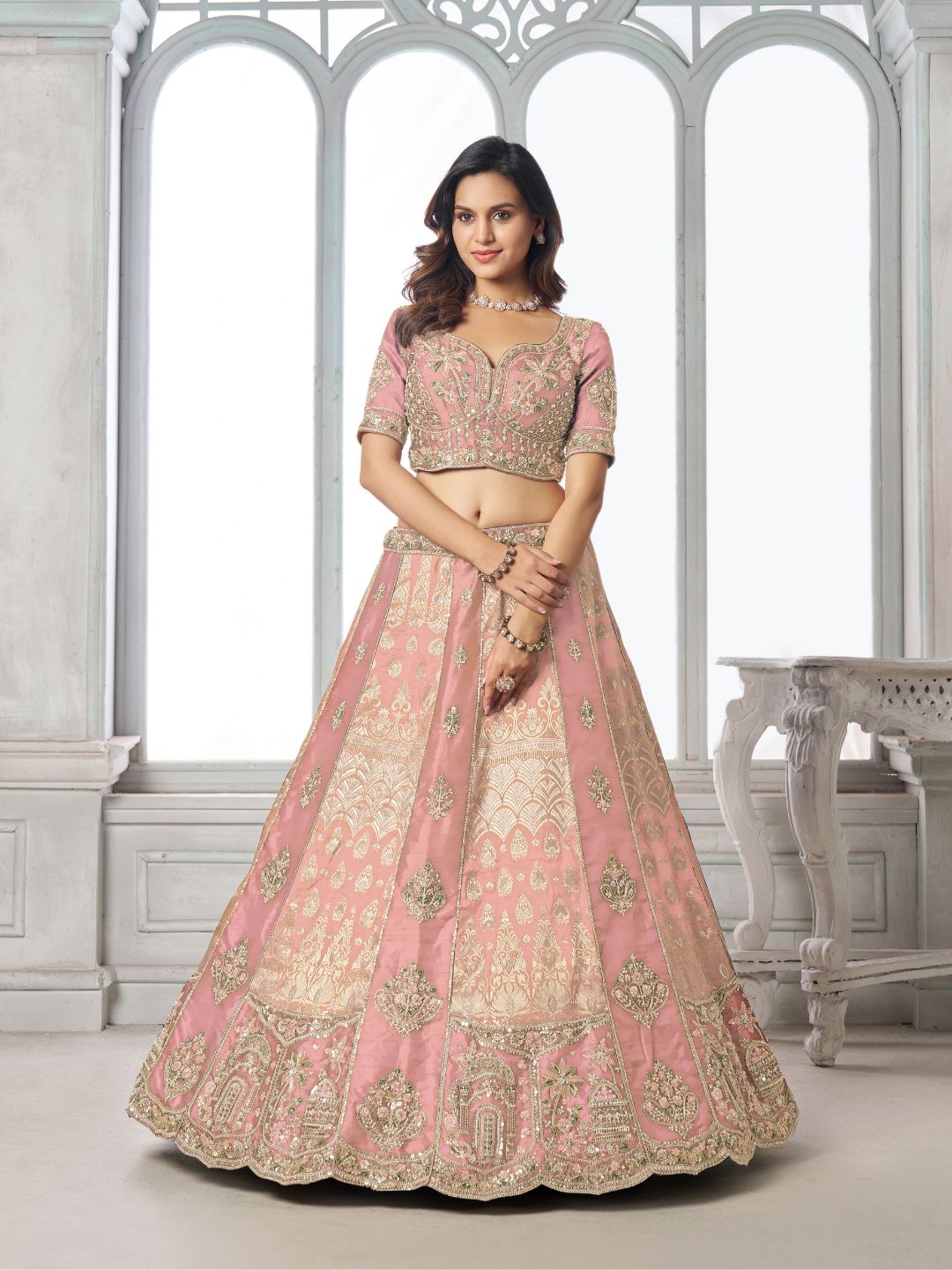 Designer Pink Raw Silk Lehenga with Intricate Embroidered Detailing