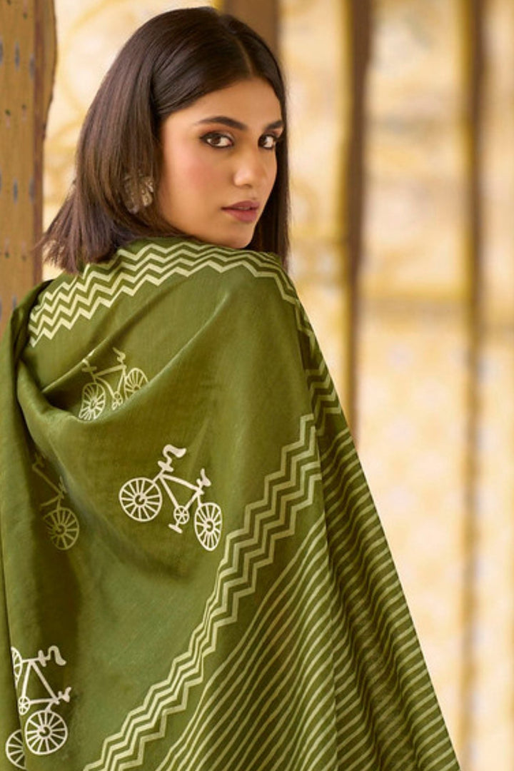 Pesto Corn Green Handblock Printed Saree