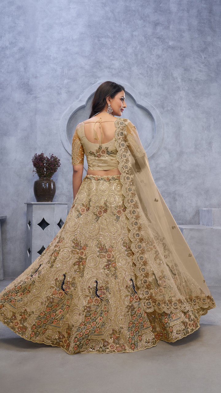 Golden Alluring Bel Butti pattern Golden Sangeet Lehenga Choli