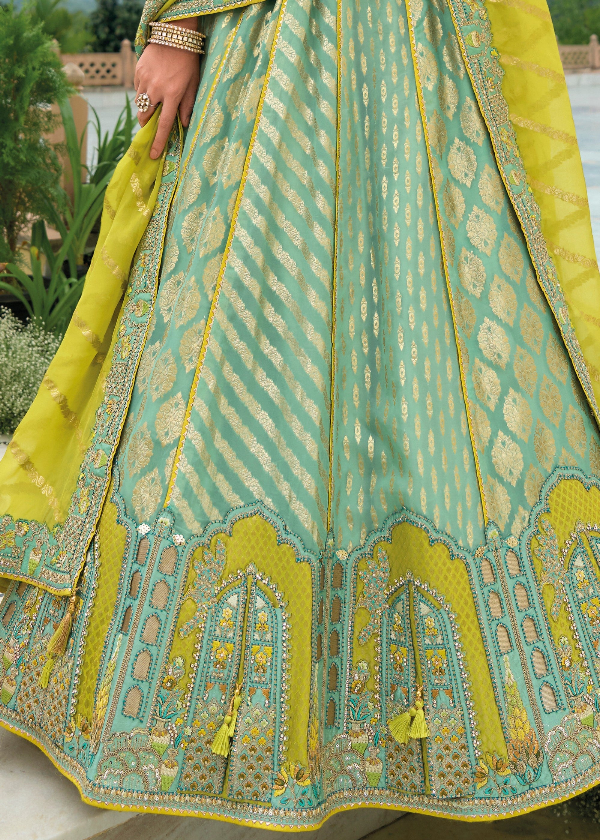 Mint Green Banarasi Silk Lehenga With Heavy Embroidery Work | Ready To Wear - qivii