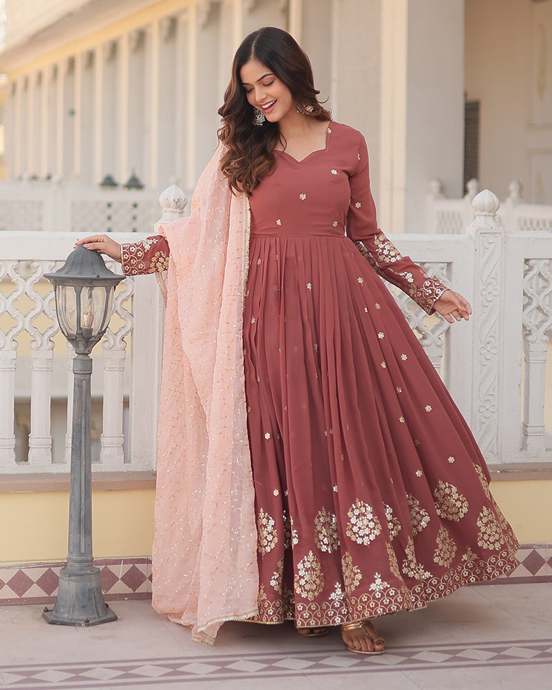 Chocolate Color Full Floor Length Anarkali Gown With Sequence Embroidery Dupatta  - By Qivii