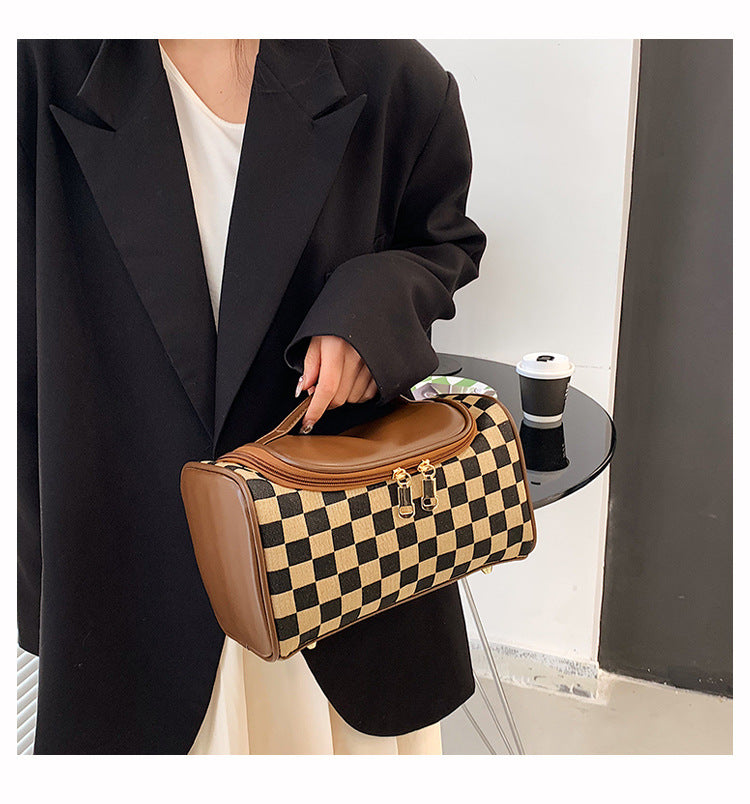 Women's Large Checkered Makeup Organizer – Oversized Travel Toiletry Bag with Zippered Pockets & Detachable Strap | Waterproof Patchwork Cosmetic Case