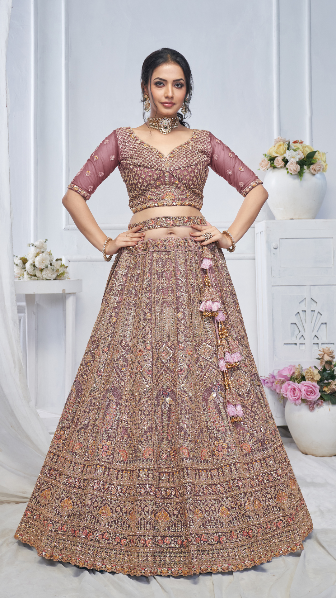 Royal Grandeur bridal  Golden  Lehenga with Paisley and Peacock Motifs & Heavy Embroidery