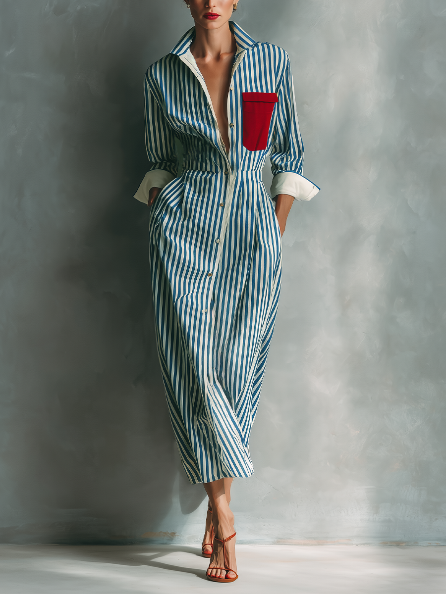 Women's Blue And White Cotton Striped Shirt Dress With Red Chest Pocket MDZ1286C2T