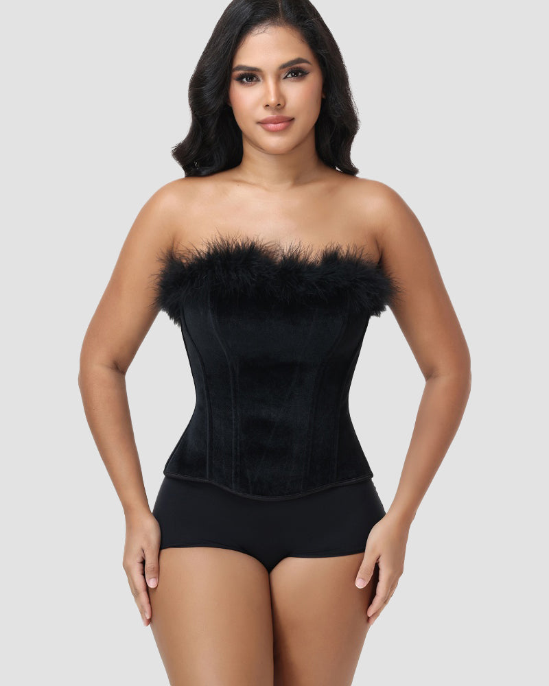 Black Velvet Feather Trim Strapless Corset Top with Lace Up Back