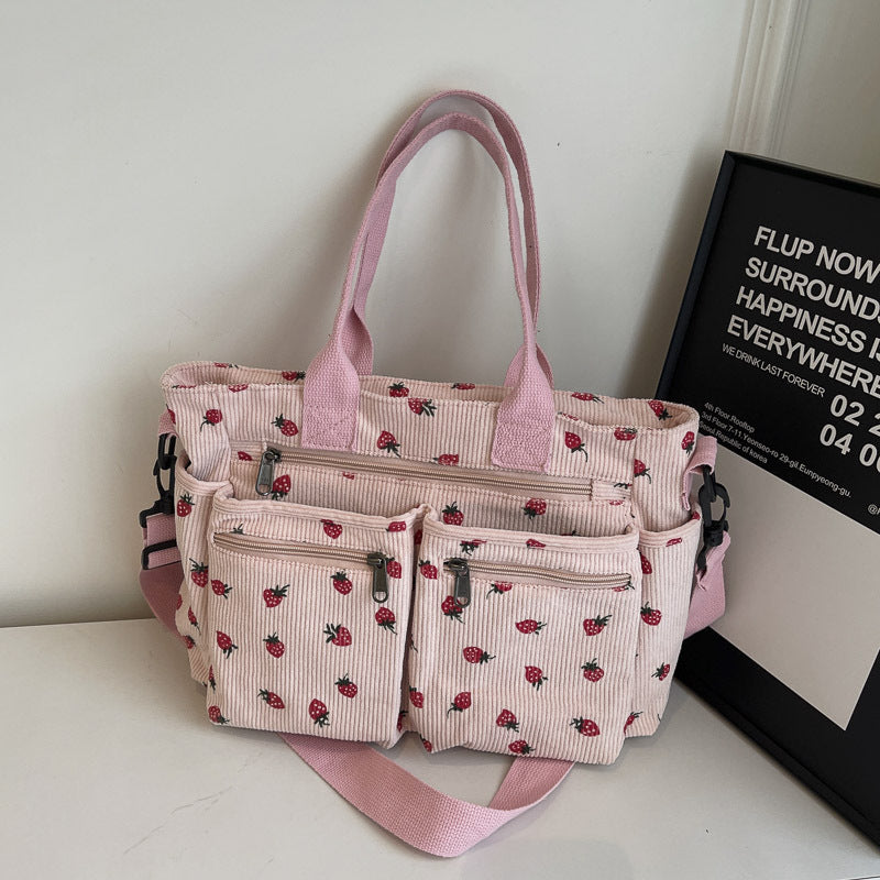 Women's Corduroy Cherry Print Tote Bag – Versatile Women's Strawberry Shoulder & Crossbody Large Capacity Mommy Bag
