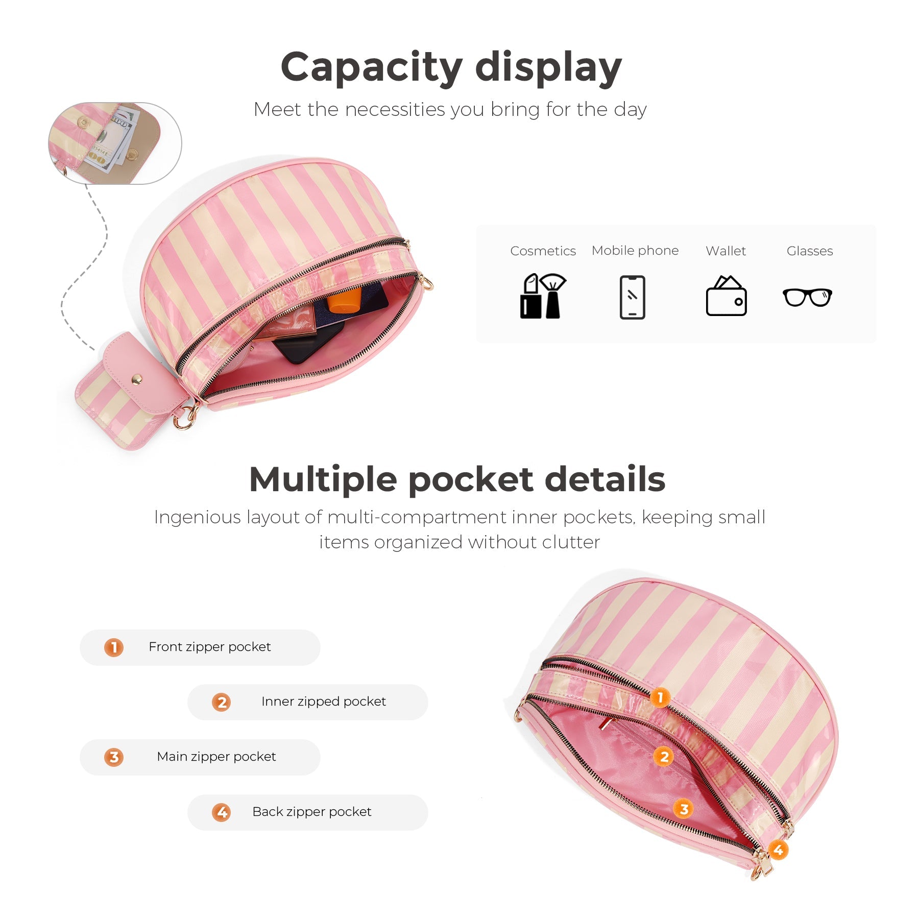 Ounamei Waterproof PVC Striped Crossbody Bum Bag for Women | Pink & Green / Pink & Yellow Nylon Belt Bag for Travel & Everyday Use