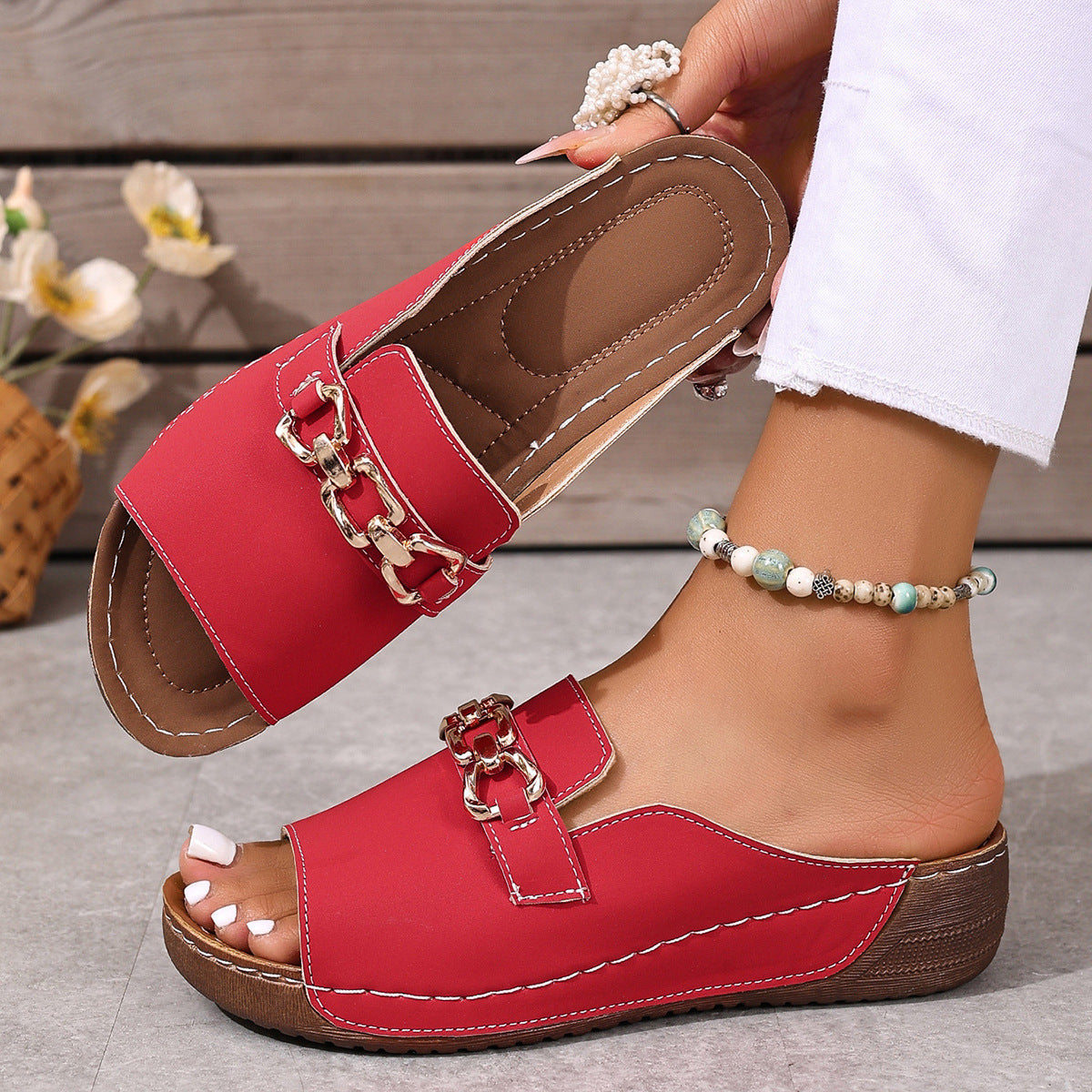 Women’s Plus-Size Platform Mule Slippers - Metal Buckle Accent & Low Wedge Heel | Open-Back House Shoes