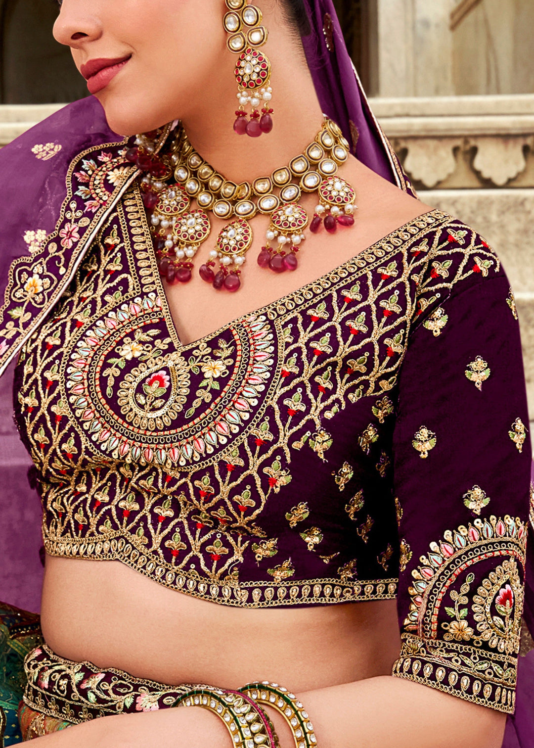 Mauve Purple & Blue Banarasi Silk Lehenga Choli with Zarkan, Sequence and Thread Work