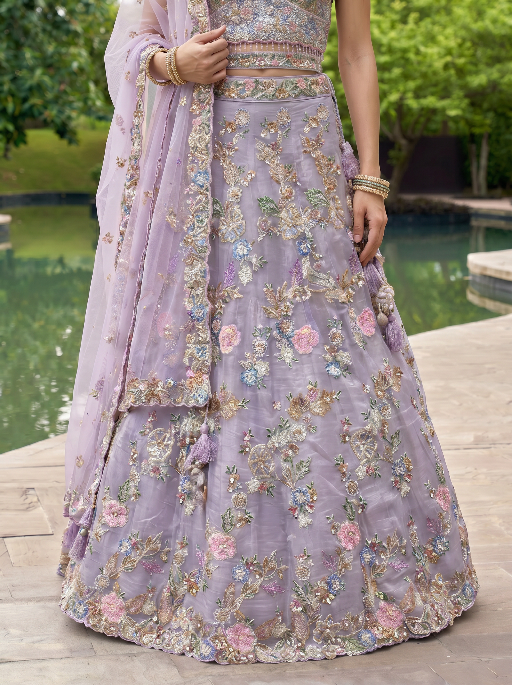 Lavender Color Organza Handwork Embroidered using Cutdana,Sequin & Thread Ready to Wear Lehenga choli