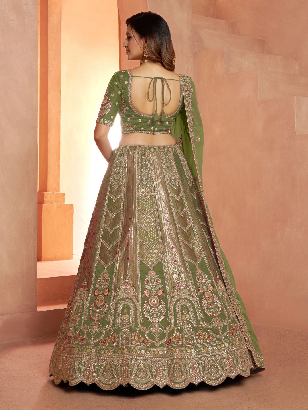 Green Banarasi Silk Festive Lehenga with Floral Pastel Shades