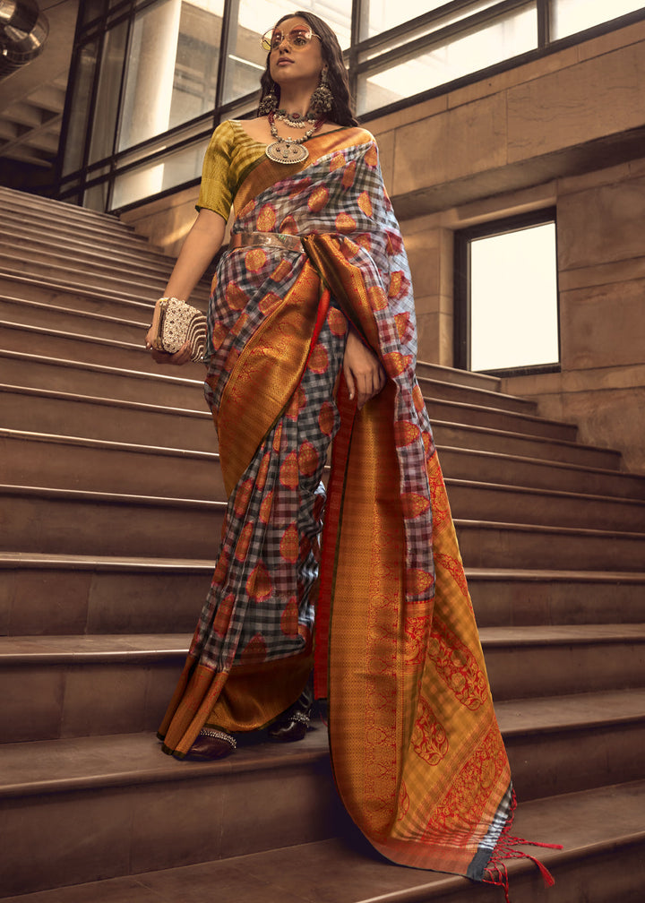 Beautiful black and red Banarasi organza silk saree with intricate woven designs