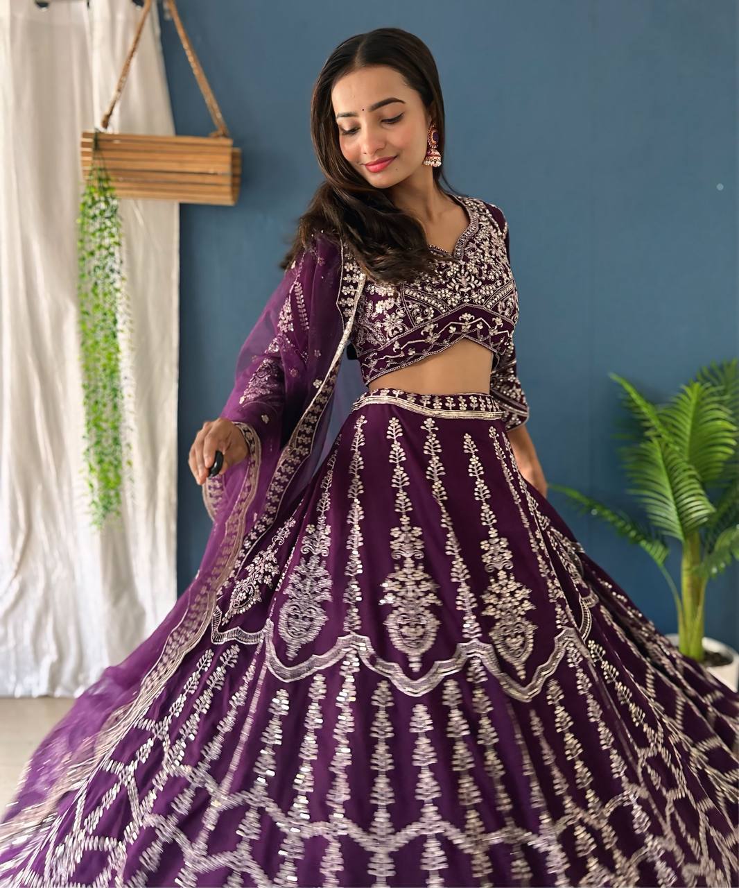 PURPLE FAUX GEORGEET WITH EMBROIDERY SEQUENCE DESIGN WORK LEHENGA - INSPIRED | Ready To Wear - qivii