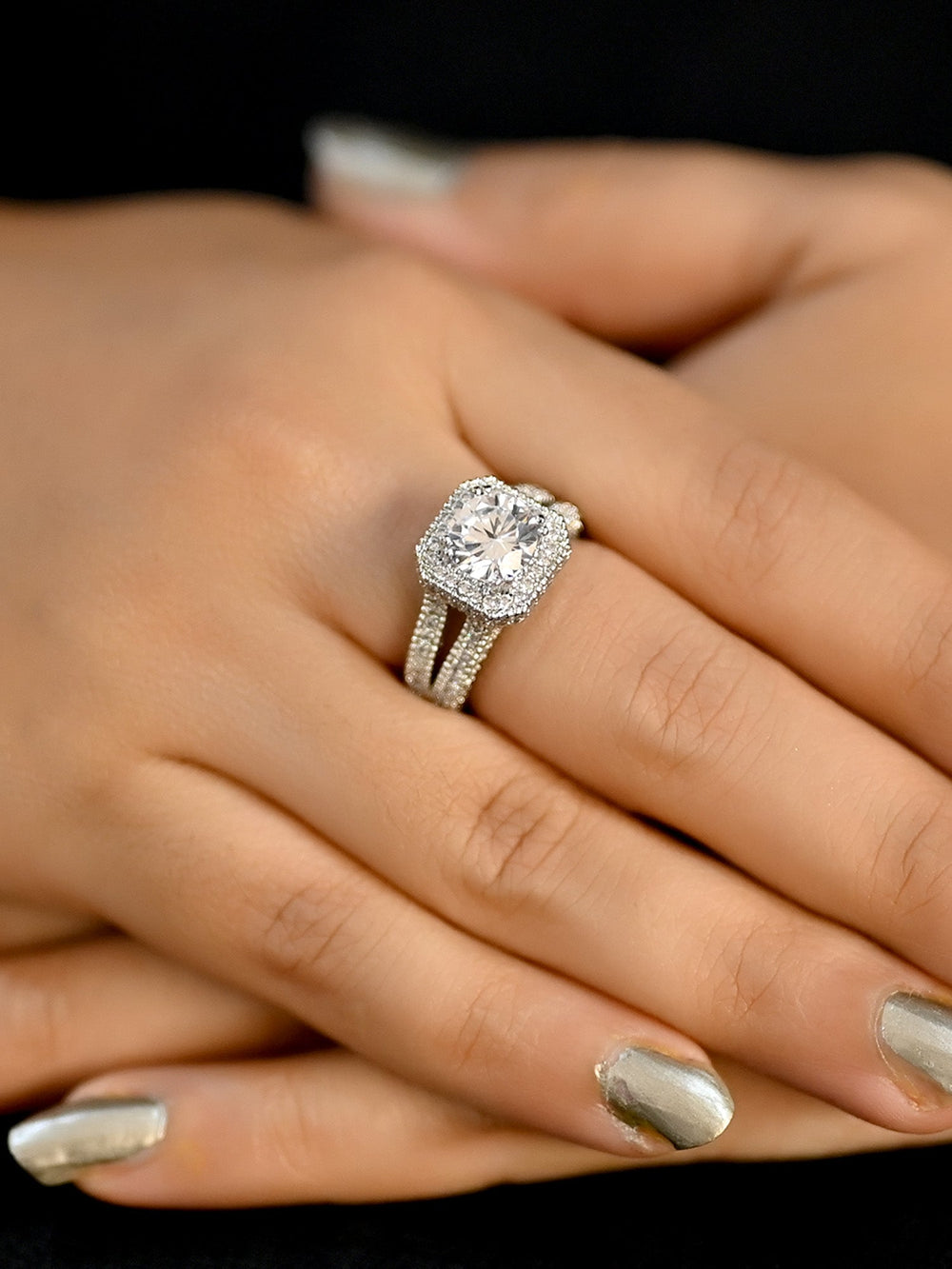 Beautiful Shabnam American Diamond Finger Ring with sparkling stones and intricate design