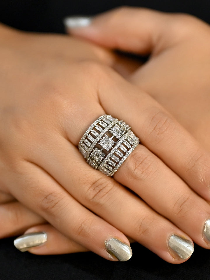  Close-up of the exquisite Mukku American Diamond Finger Ring with intricate detailing