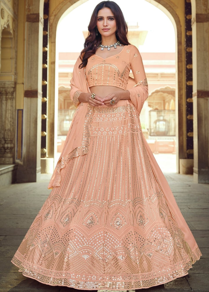 Peach Pink Georgette Lehenga Choli with Sequins & Thread work, front view, showcasing intricate embroidery and delicate sequin details