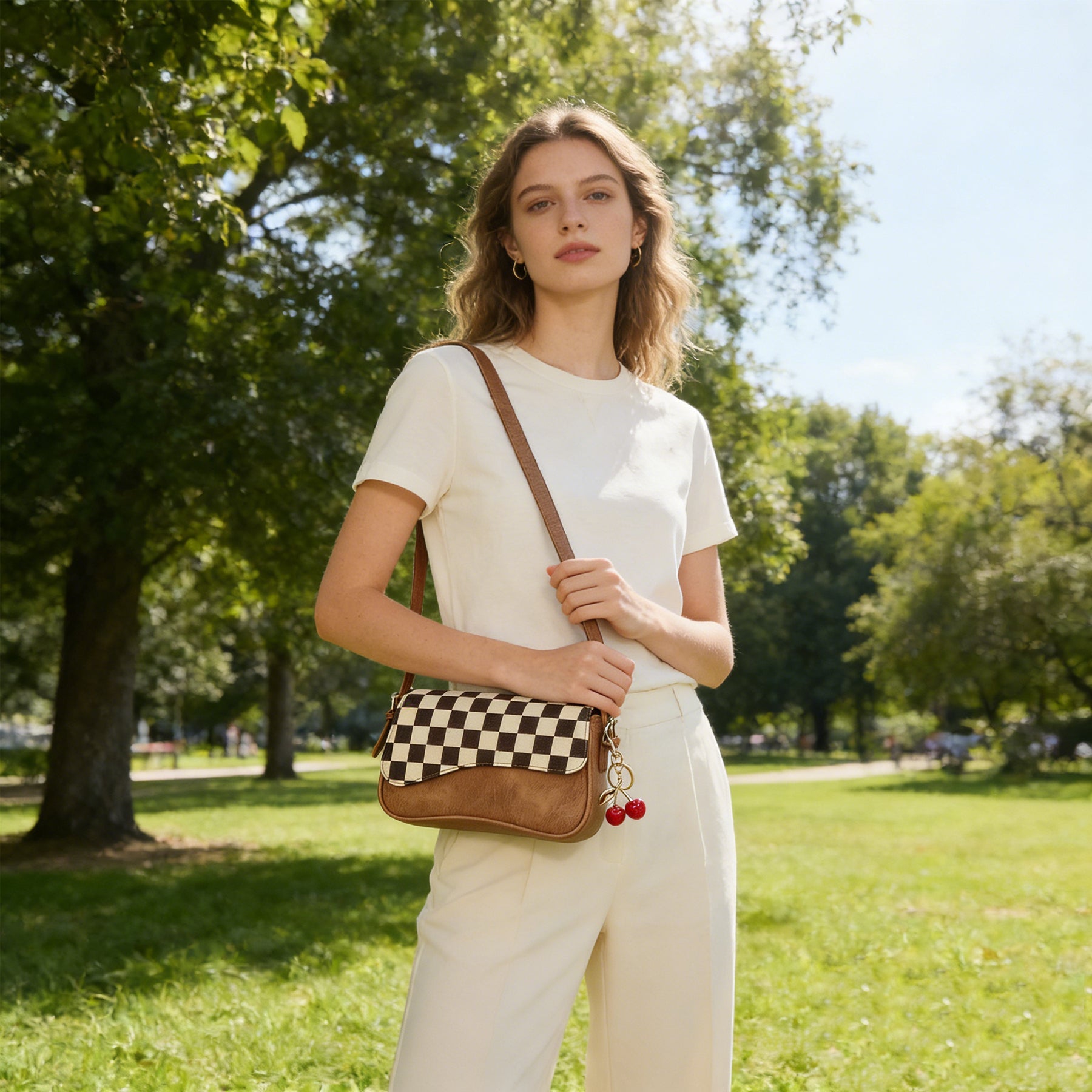 Ounamei Vintage Checkered Flap Shoulder Bag for Woman | Small Vegan Leather Crossbody Purse for Daily