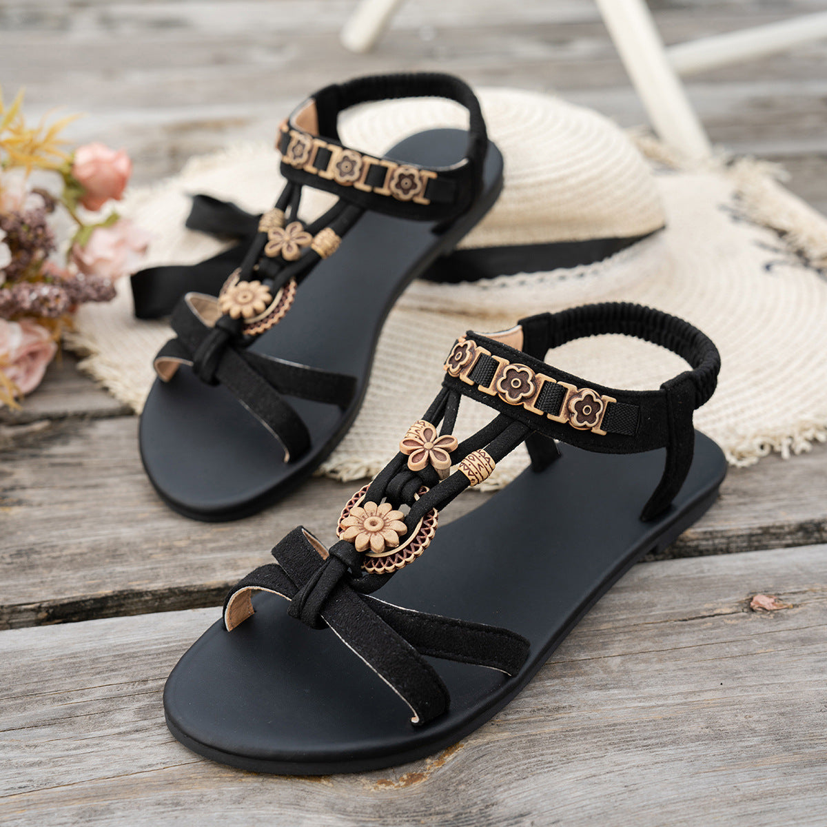 Women's Calyelle Boho Charm Sandals - Smocked Ankle Strap Flat Resort Shoes (US 5-10.5)