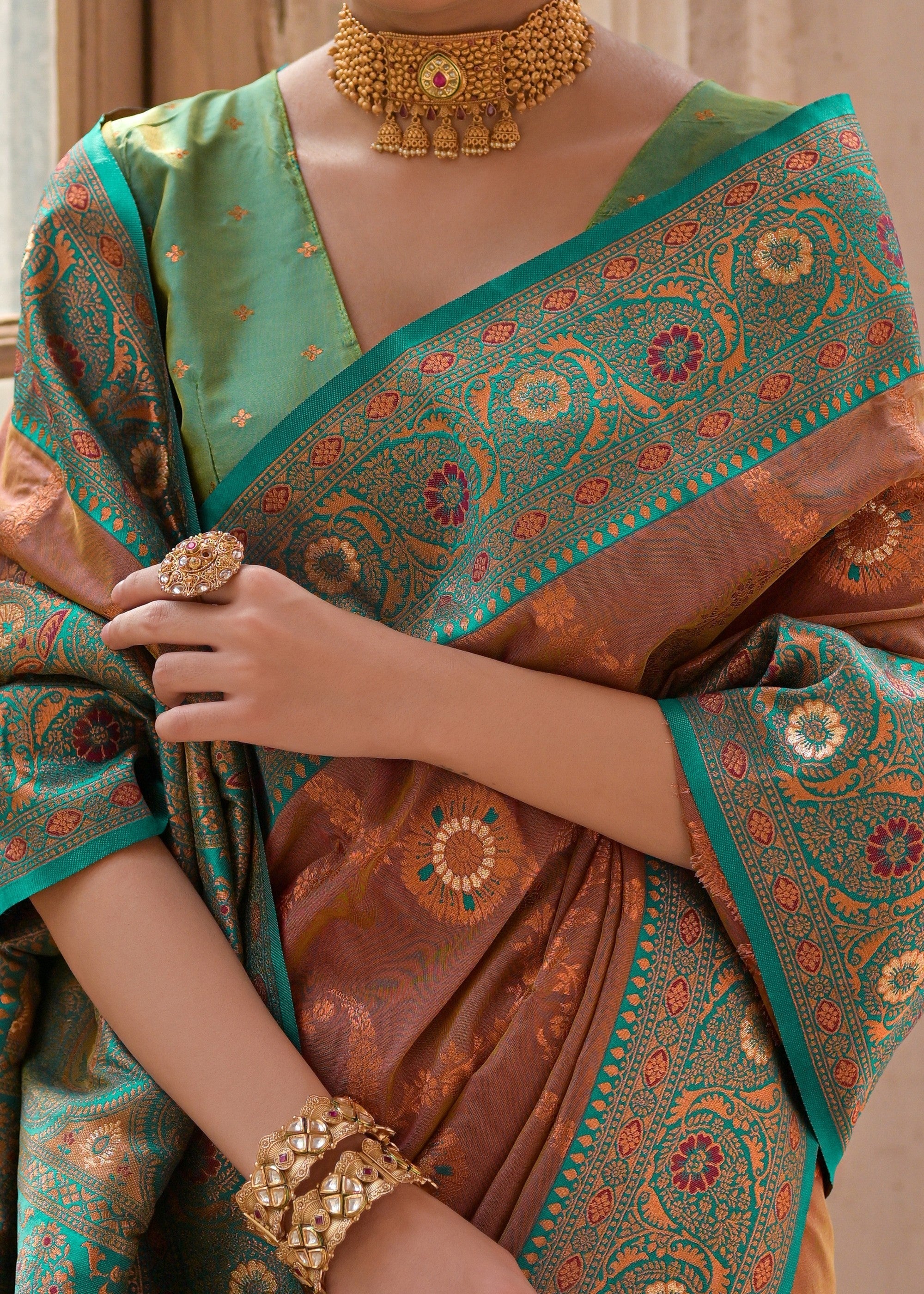 Coffee Brown All Over Flower Printed Zari Woven Banarasi Silk Saree With Contrast Pallu - qivii