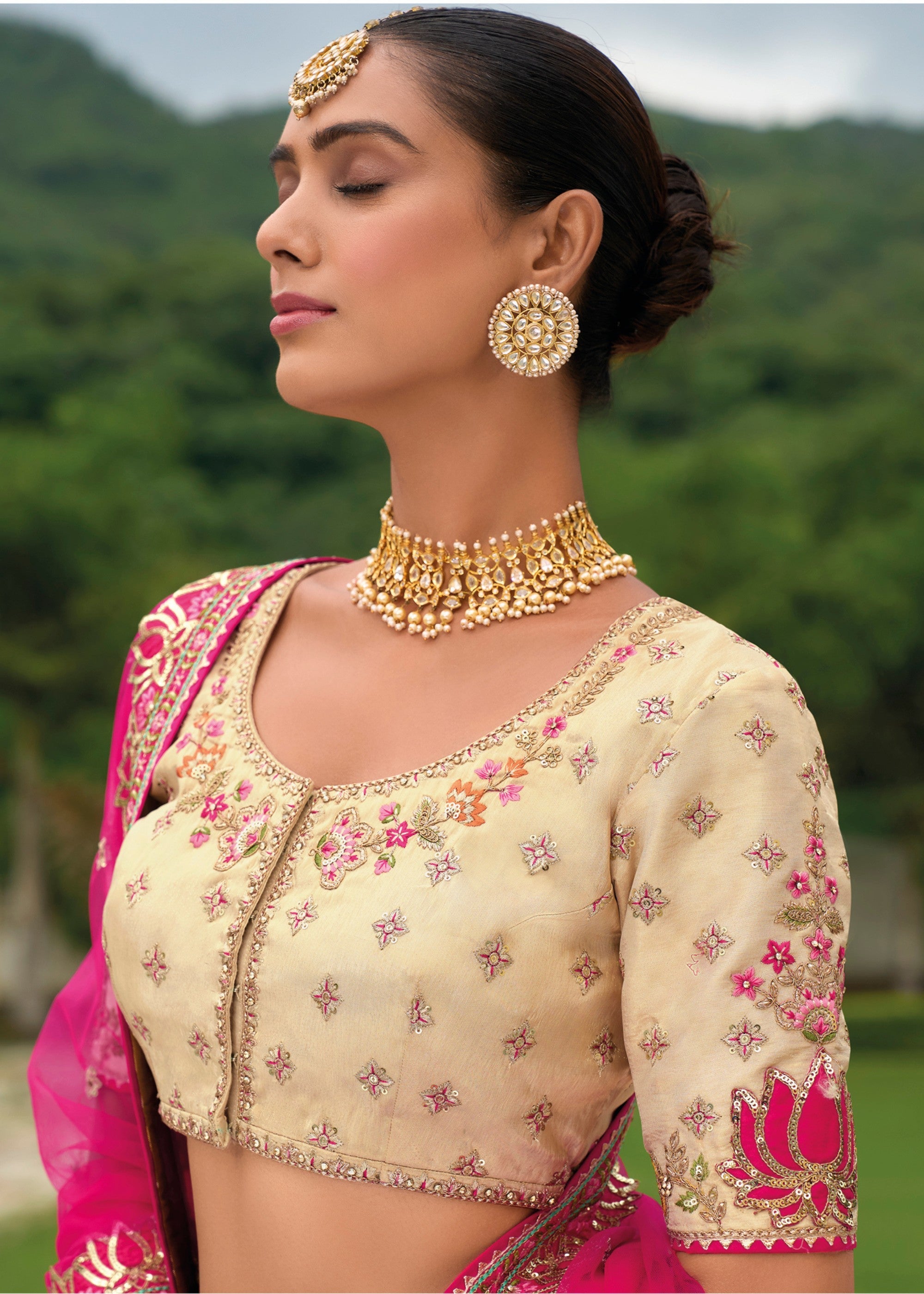 Off White And Pink Banarasi Silk Lehenga With Heavy Embroidery Work | Ready To Wear - qivii