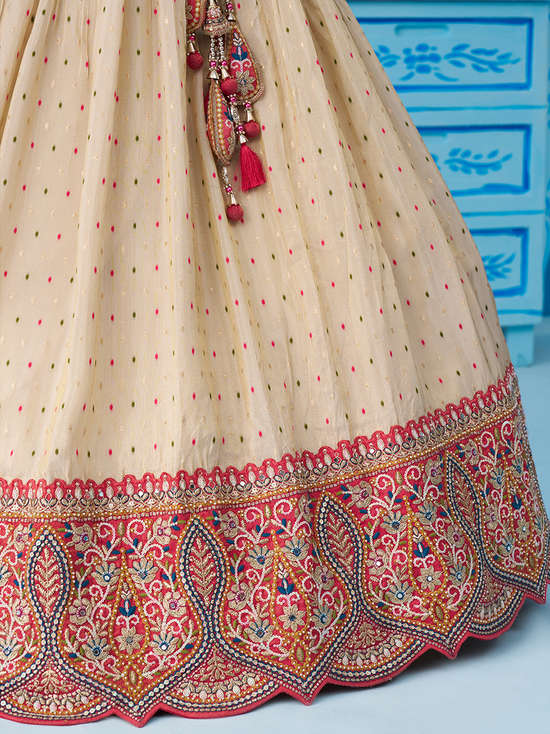 Cream & Pink Jacquard Tissue Sequined Thread & Embroidered Lehenga set