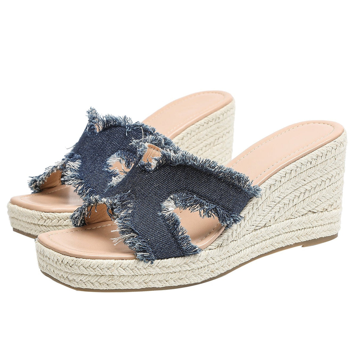 Women's Maren Frayed Denim Espadrille Wedge Slide Sandals - Coastal Platform Summer Shoes (US 4-10.5)