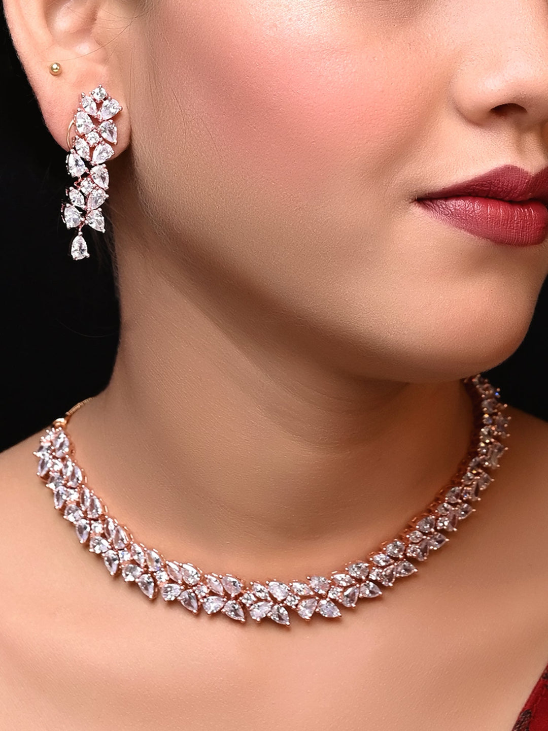 Yaasmin Rose Gold Plated Semiprecious White Stone American Diamond Set