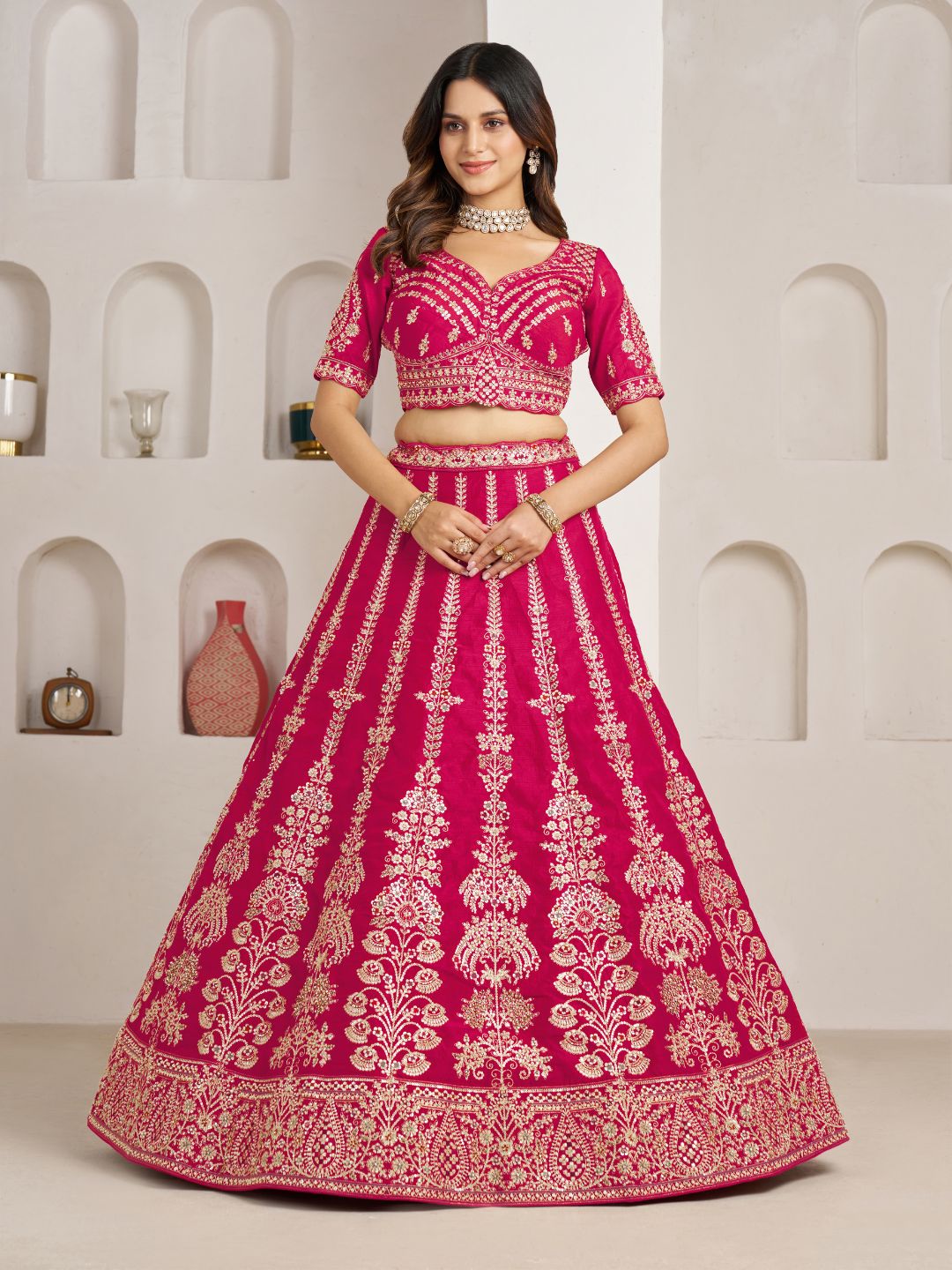 Classic Rani Silk Bridal Lehenga with Floral Zari Embroidery