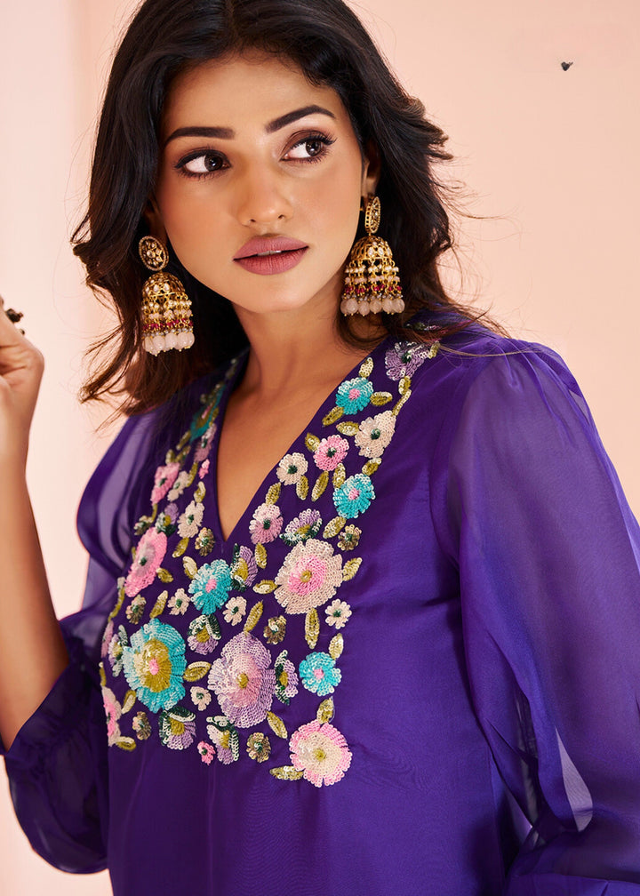 Vibrant Purple Organza Handwork Kurta with Pant