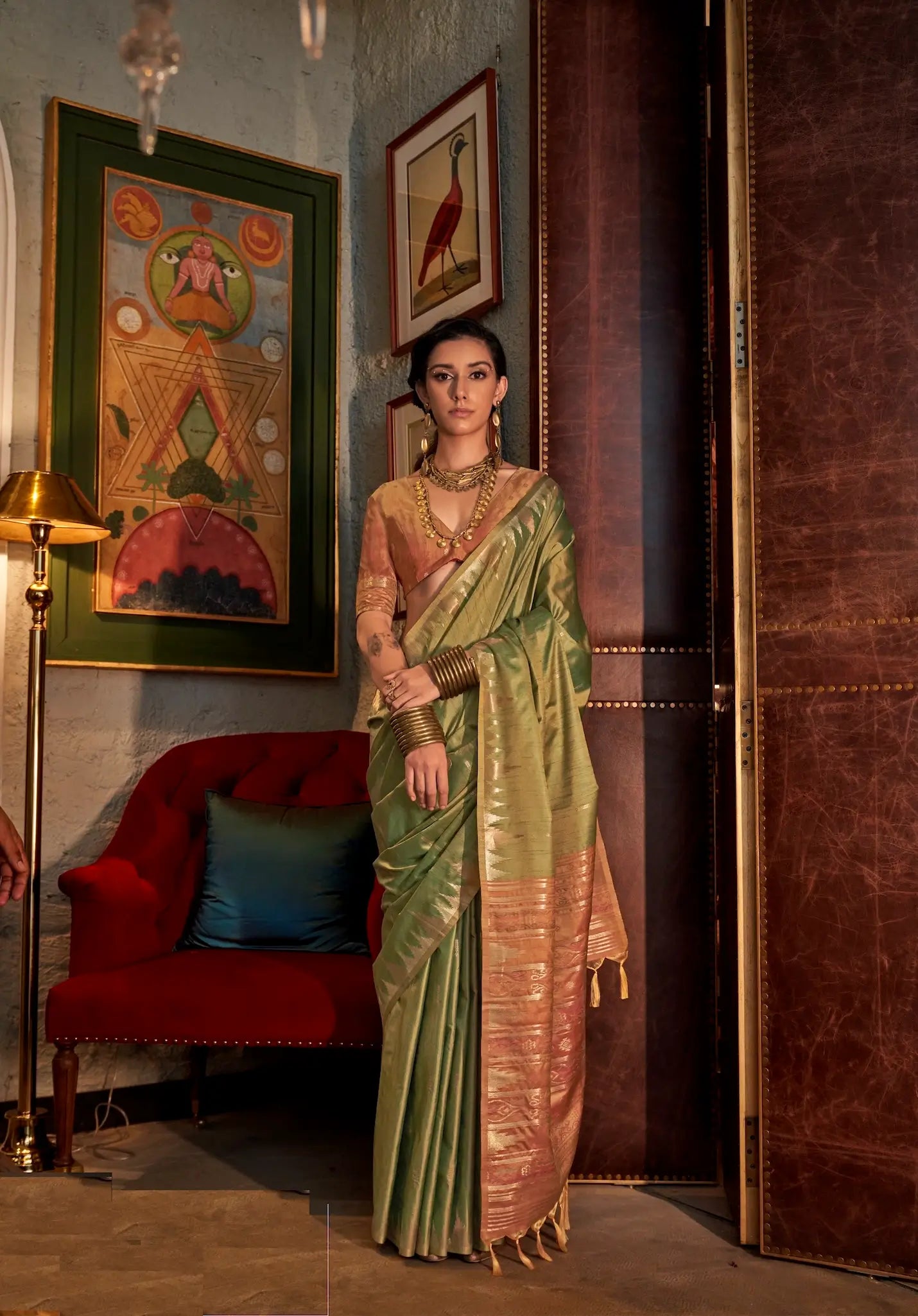Greenish Silk Saree With Contrast Ikkat Design Pallu - qivii
