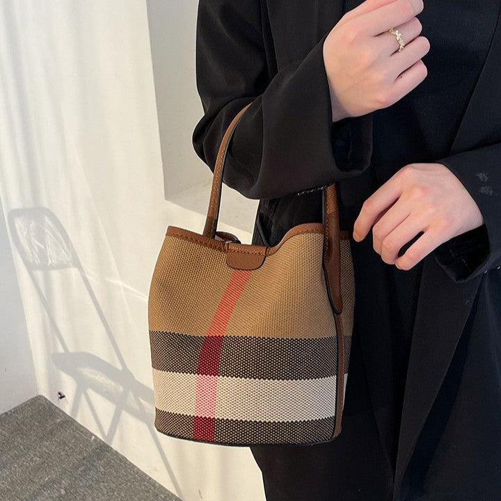 Women’s Regent Plaid Bucket Satchel — Heritage Check Full-Grain Leather Convertible with Detachable Pouch & Effortless Transition Carry