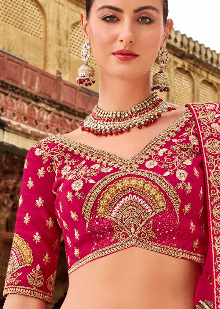 Rani Pink Banarasi Silk Lehenga Choli with Zarkan, Sequence and Thread Work