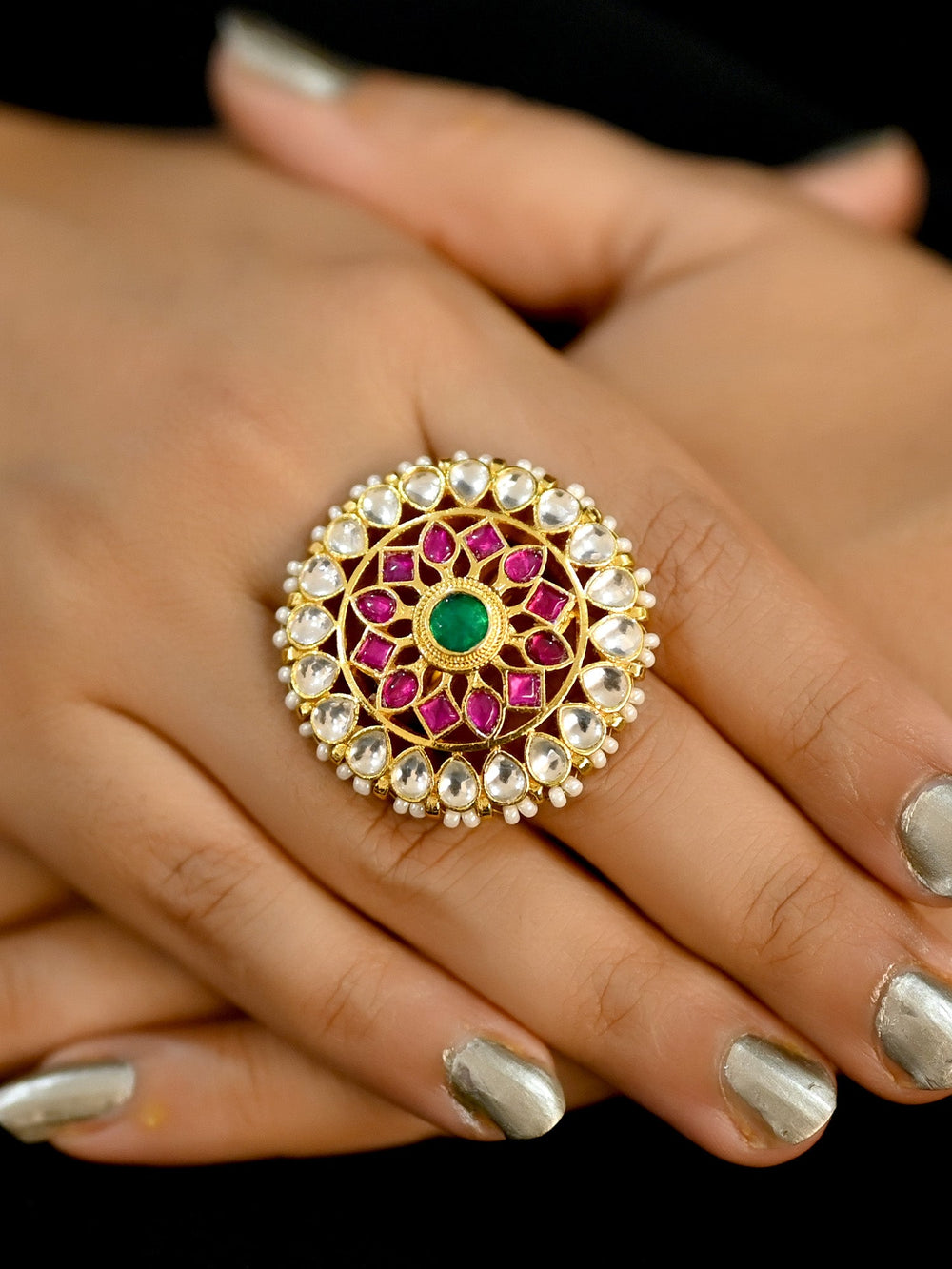 Beautiful Samidha Ruby Green Kundan Finger Ring with intricate gold detailing and stunning red and green gemstones