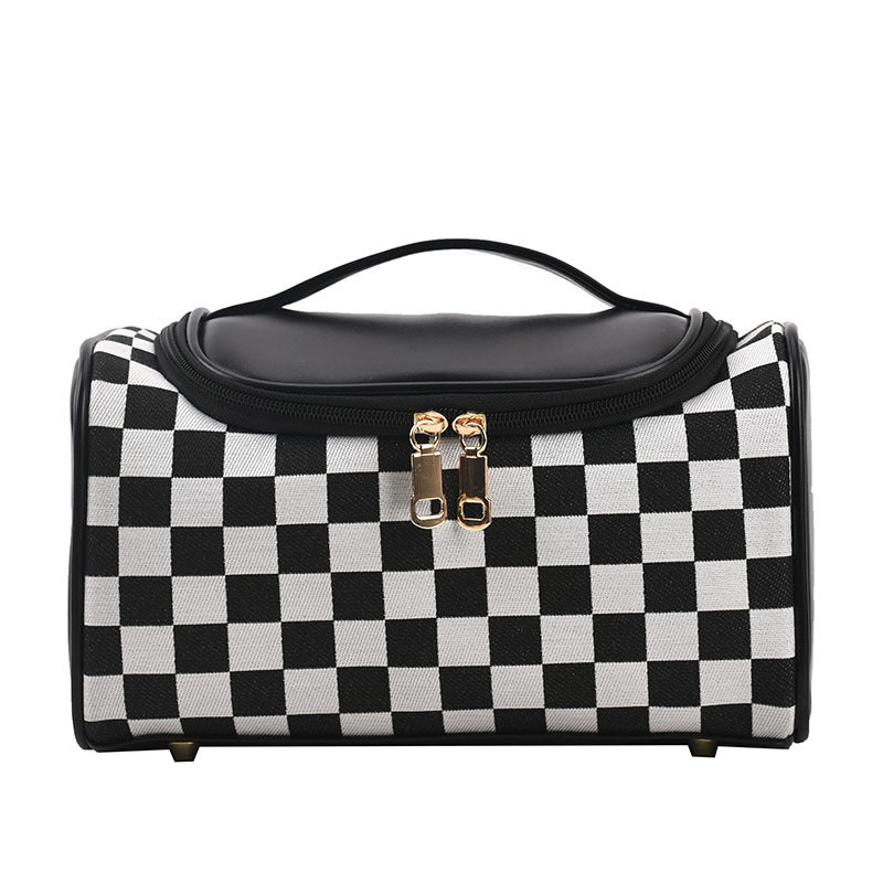 Women's Large Checkered Makeup Organizer – Oversized Travel Toiletry Bag with Zippered Pockets & Detachable Strap | Waterproof Patchwork Cosmetic Case