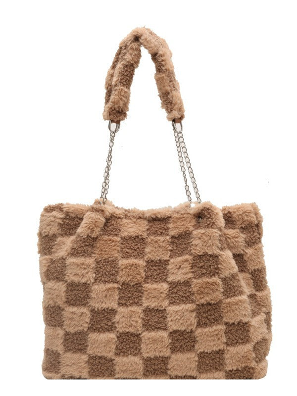 Women's Large-Capacity Plush Handbag | Trendy Quilted Chain Shoulder Bag with Patchwork Design