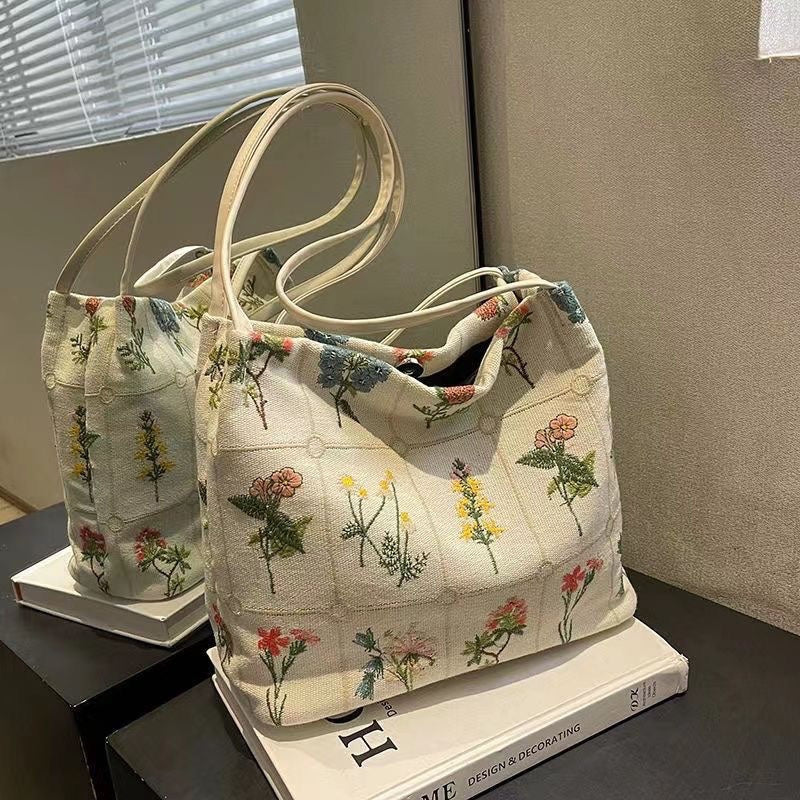 Women's Atelier Bloom Bucket — Artisan-Embroidered Canvas Commuter Tote with Structured Base & Dual Carry
