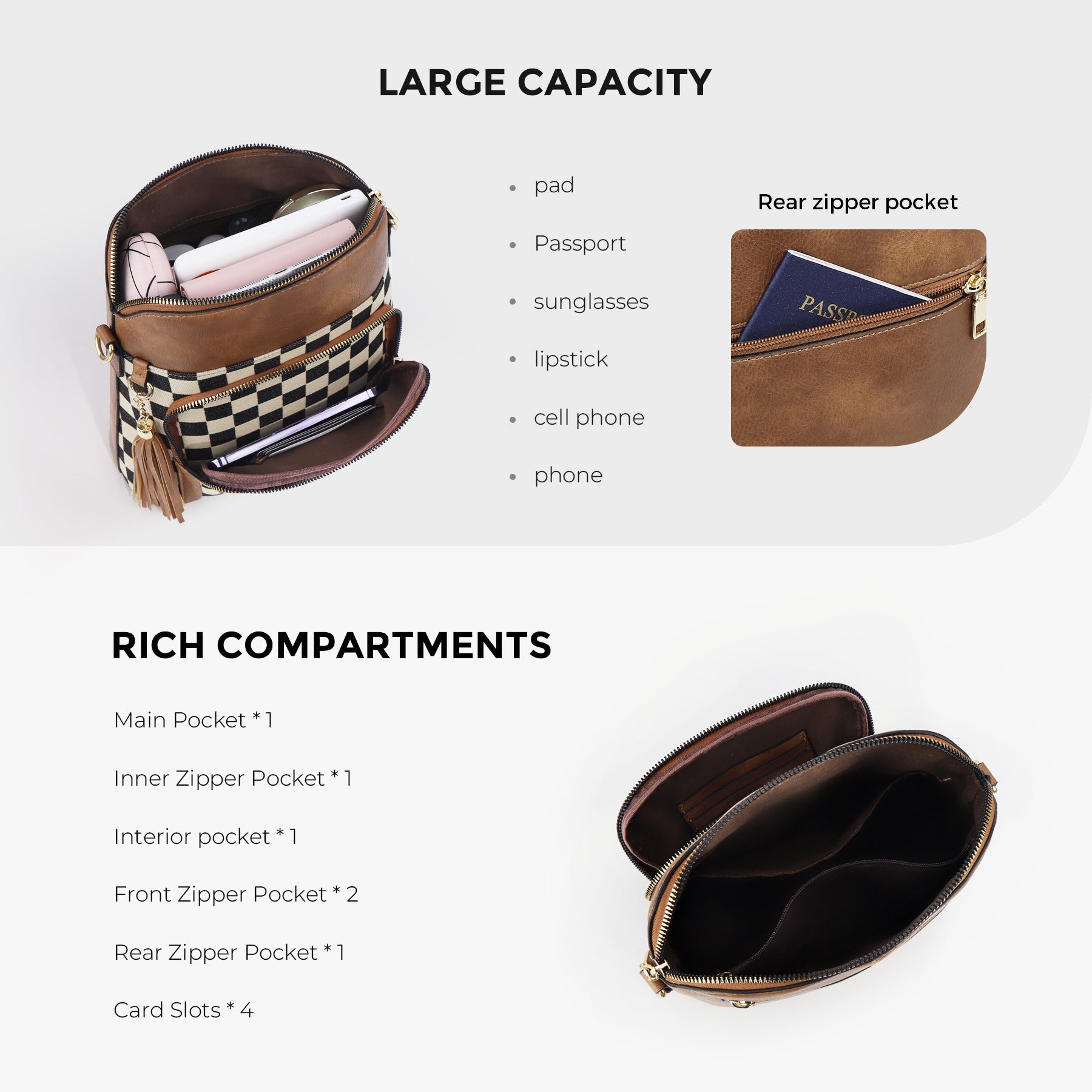 Ounamei Checkered Crossbody Bag in PU Leather & Canvas | Lightweight Shoulder Bag for Women