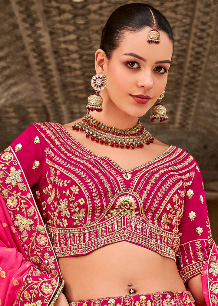 Rani Pink & Orange Banarasi Silk Lehenga Choli with Zarkan, Sequence and Thread Work