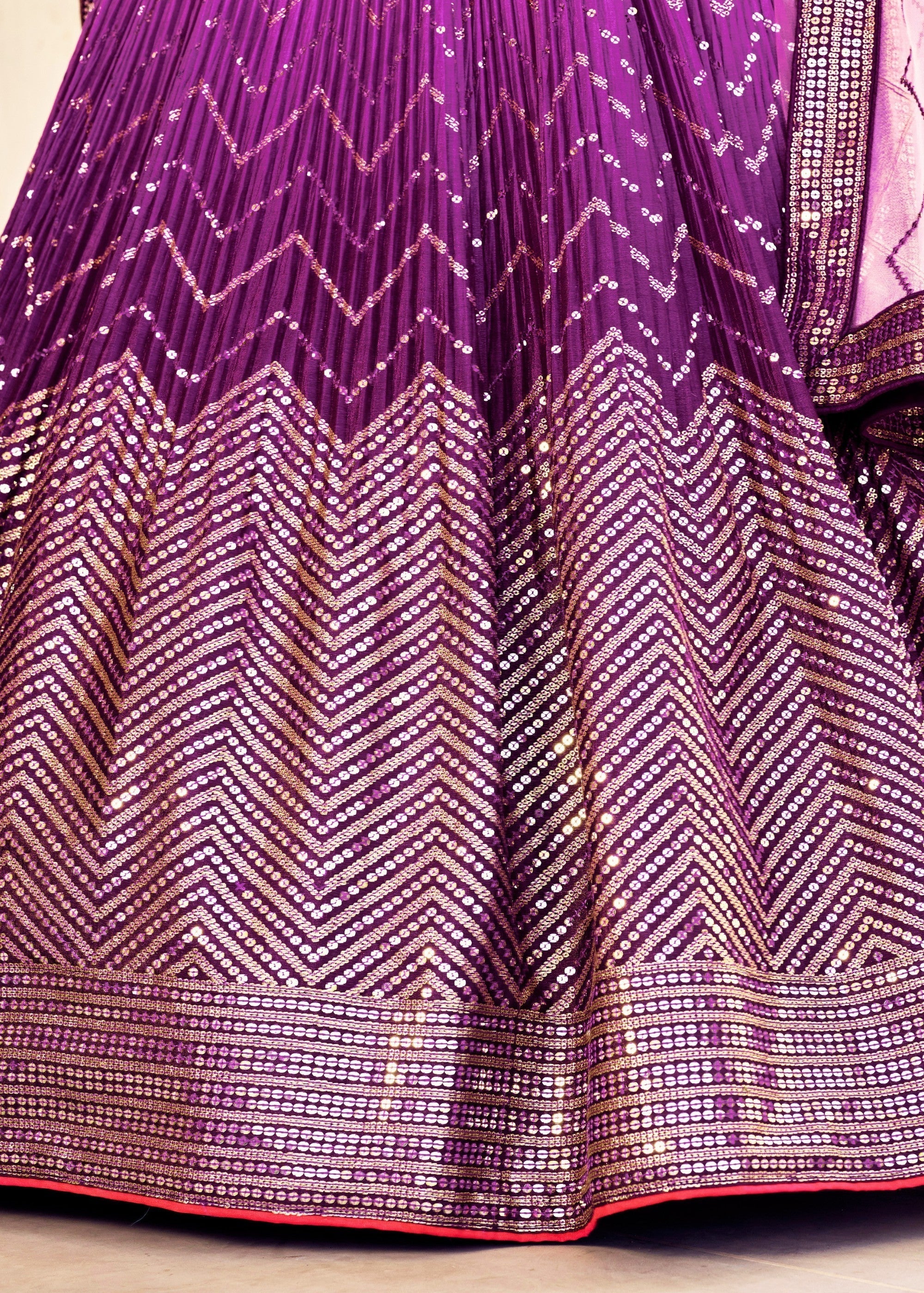 Plum Purple Chinon Silk Lehenga With Sequence and Thread Embroidery Work | Ready To Wear - qivii