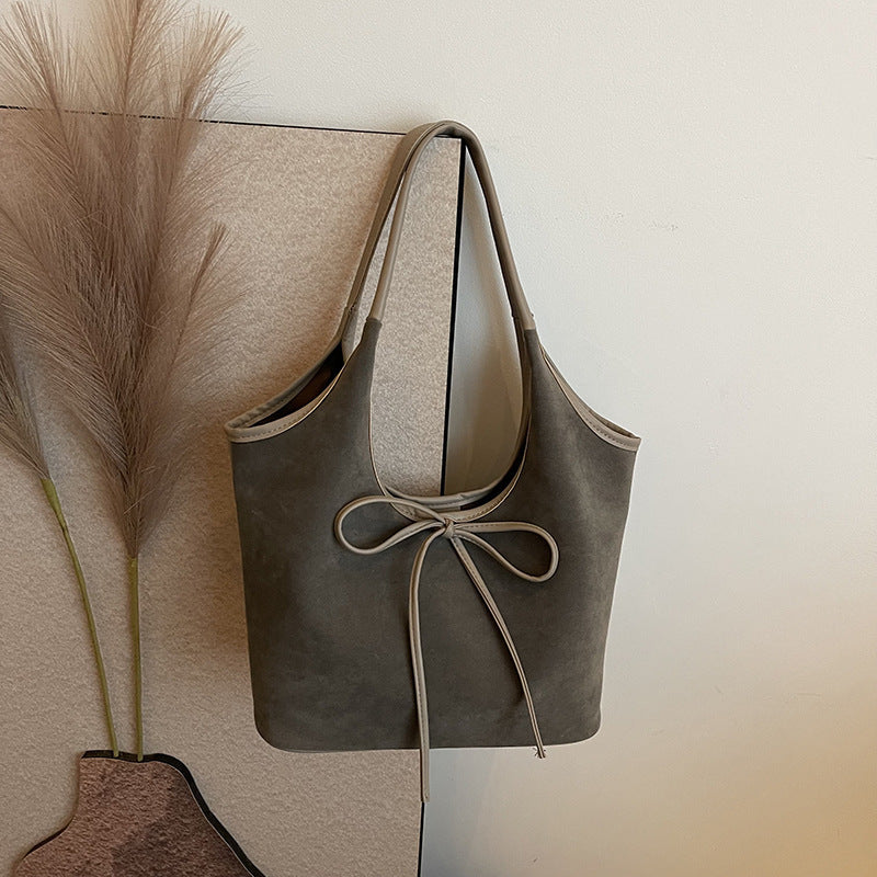 Women's Vintage Matte Tote Bag – Oversized Bow-Accent Shoulder Bag with Crossbody Strap