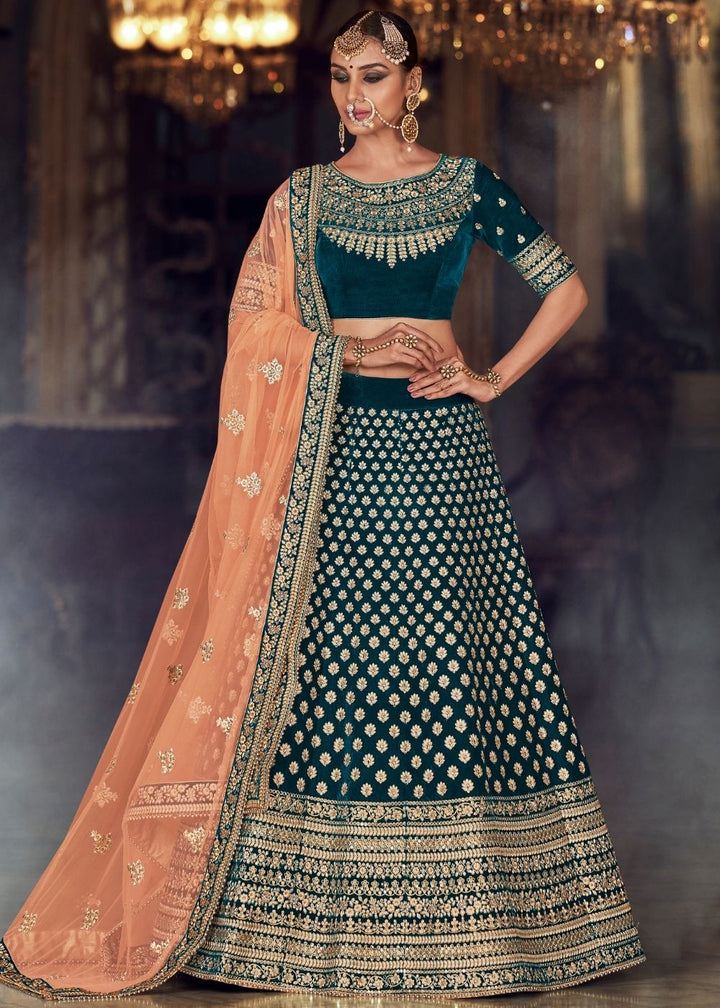 Dark Green Embroidered Designer Velvet Lehenga Choli: Top Pick