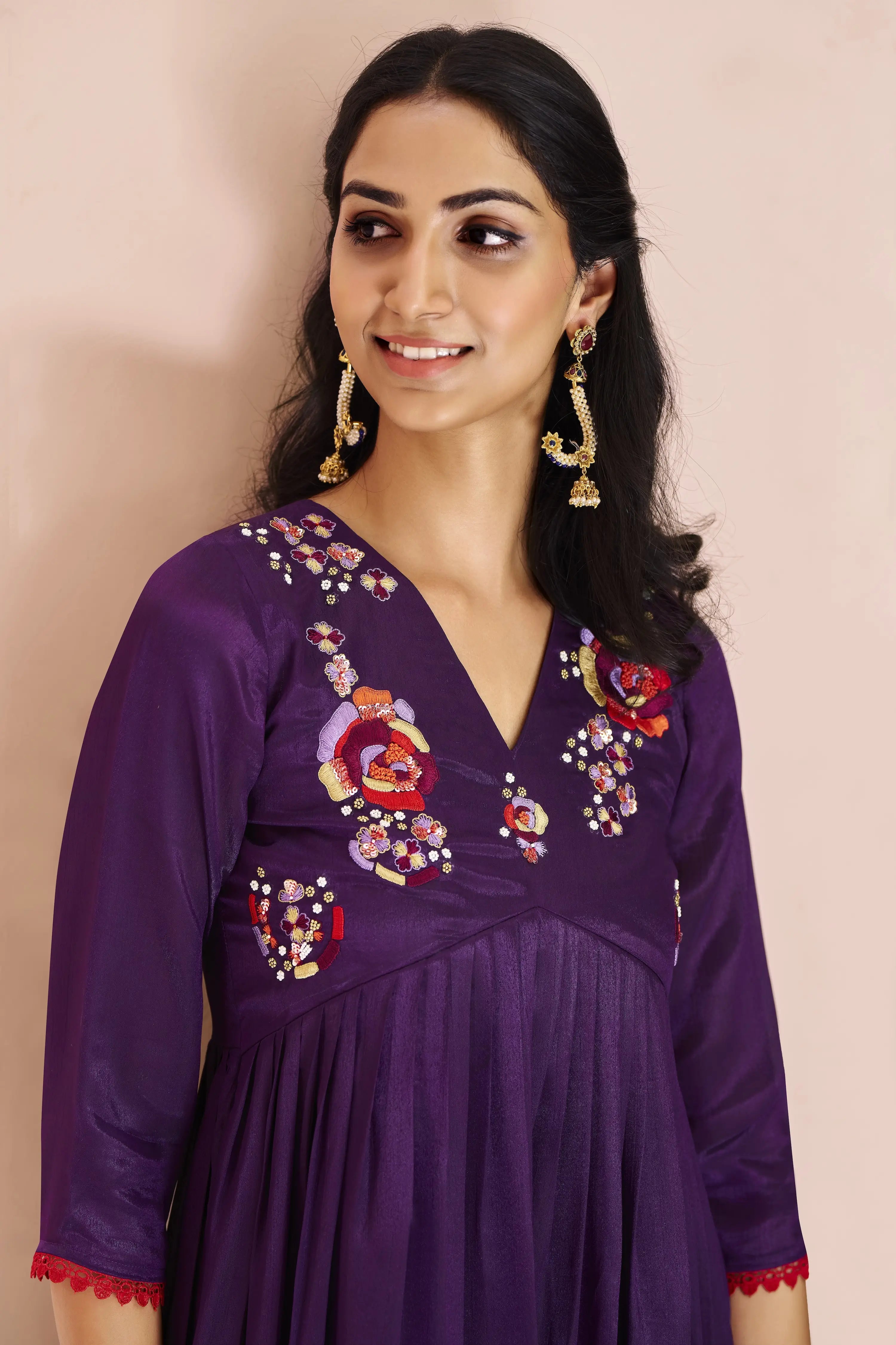 Wine Organza Salwar Suit With Handwork - qivii