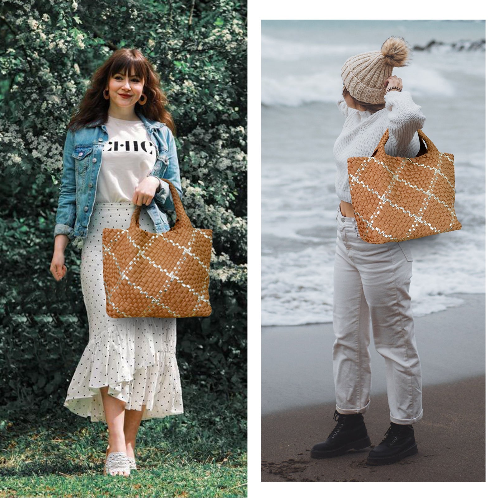 Colorblock Neoprene Woven Bag - Camel | Ounamei