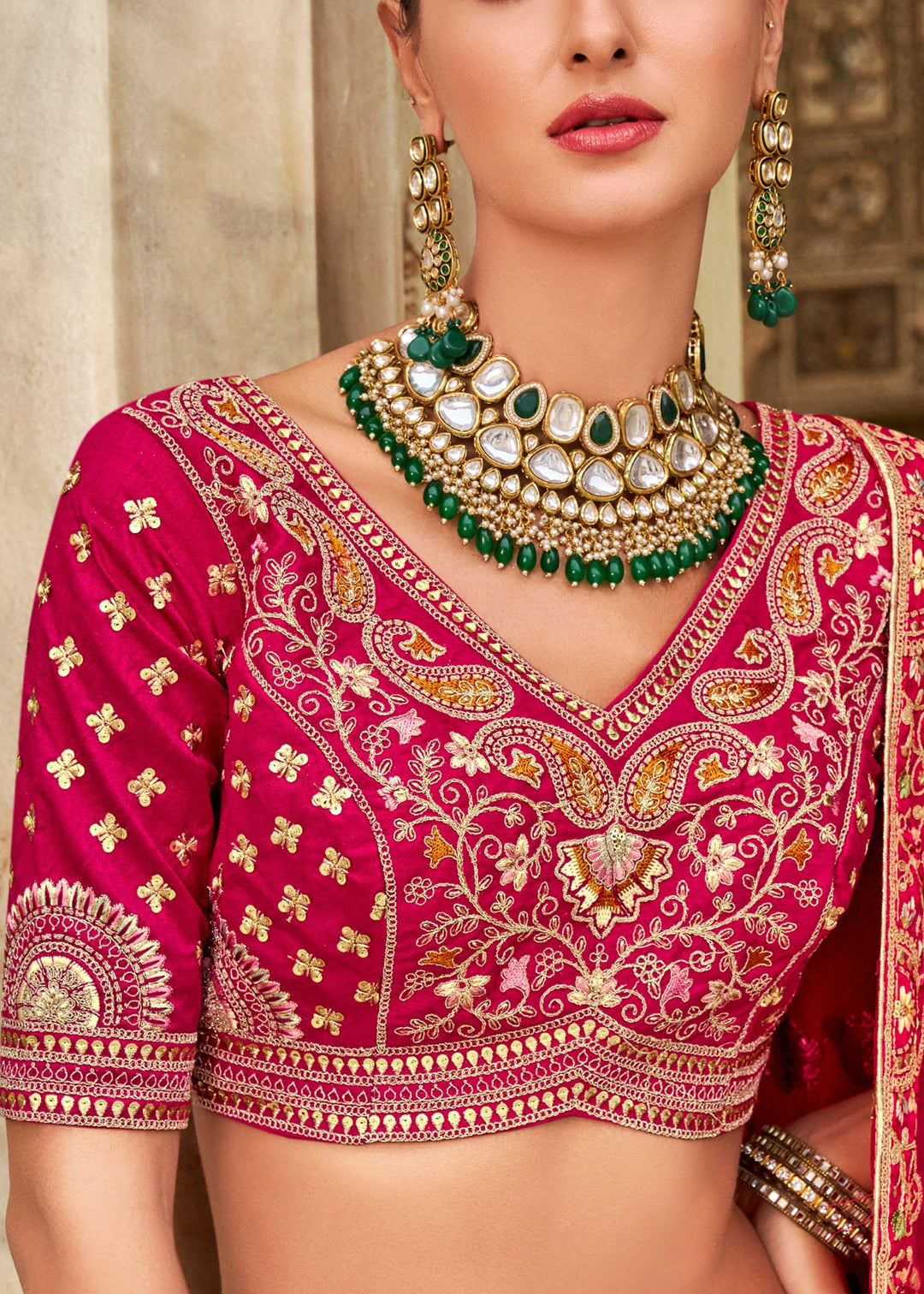 Raspberry Pink Banarasi Silk Lehenga Choli with Zarkan, Sequence and Thread Work