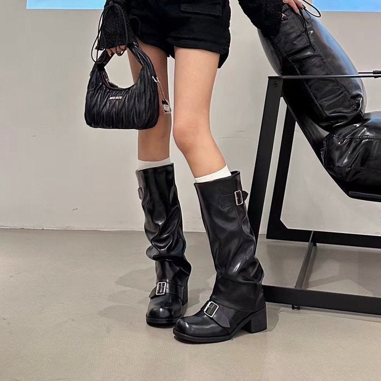 Women's Harper Slouch Boots - Chunky Heel Buckle Knee-High Boots (US 4-10.5)