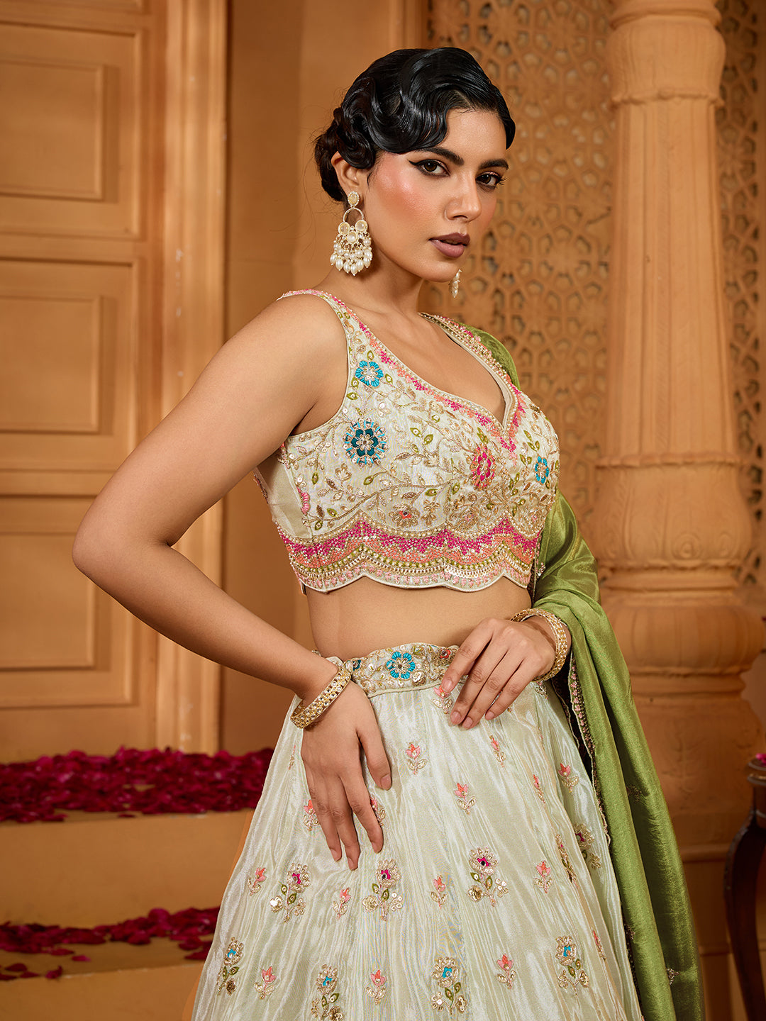 Limegreen- Tissue Fabric Sequins embroidery Semi-Stitched Lehenga & Unstitched Blouse With Dupatta - qivii