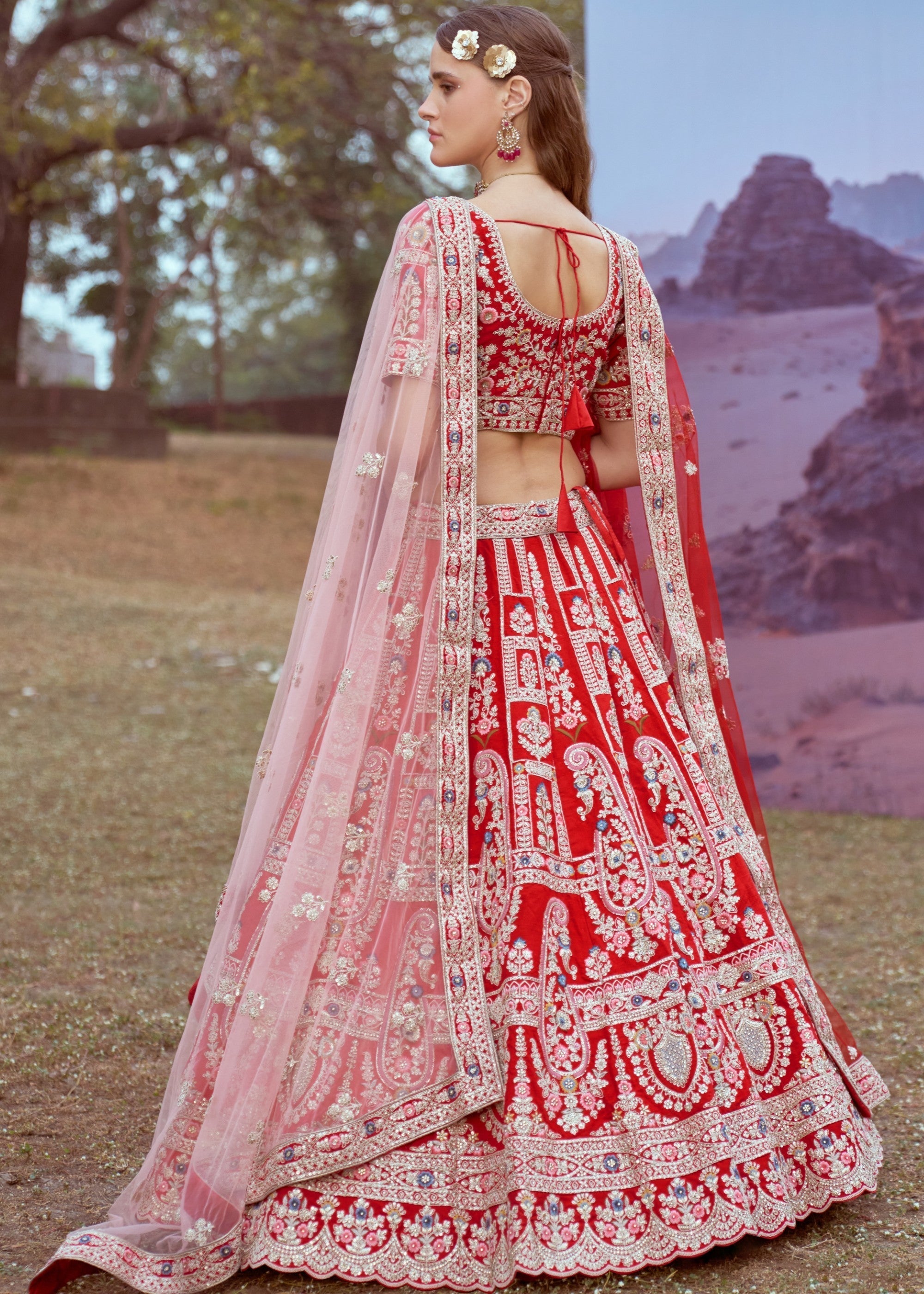 Red Pure silk Moti, Sequins embroidery Bridal Lehenga | Ready To Wear - qivii
