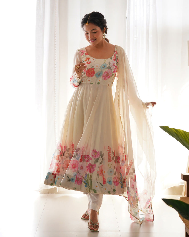 Off White Floral Print Organza Three Piece Anarkali Suit  - By Qivii